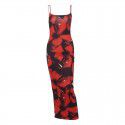 Sexy printed backless slit one step skirt with suspender dress