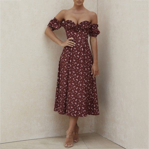 Women's Summer Sexy Split Flower Ear Edge Off Shoulder Bra Long Dress Dress