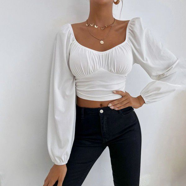 Women's Spring/Summer New Leisure Party Vacation Waist Collection Long sleeved Women's T-shirt Ultra Short Top