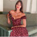 Women's Summer Sexy Split Flower Ear Edge Off Shoulder Bra Long Dress Dress