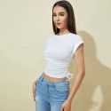 Women's summer slim fit solid color split short sleeved round neck pullover white design temperament commuting t-shirt
