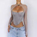 Women's sexy spicy girl low neck T-shirt with perspective splicing solid color irregular long sleeved top