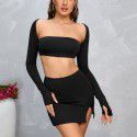 Women's autumn and winter fashion set, square neck tie up exposed navel top, buttocks wrapped short skirt, two-piece set