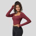 Square necked long sleeved knitted sweater, slim fitting and versatile sexy backless top