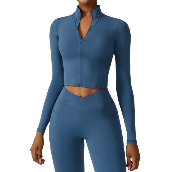 Quick drying long sleeved yoga suit jacket, zipper windproof running sports jacket, tight and nude fitness suit