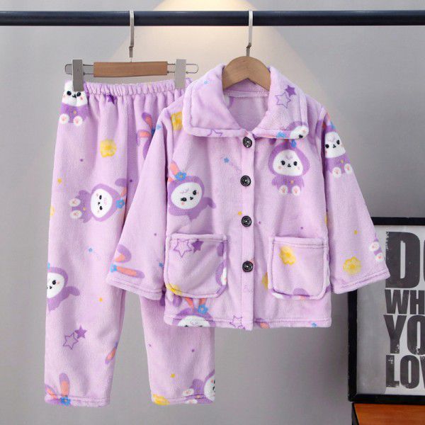 Autumn and winter new children's flannel pajamas for boys and girls, baby long sleeved thickened coral velvet home clothing set