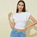 Women's summer slim fit solid color split short sleeved round neck pullover white design temperament commuting t-shirt