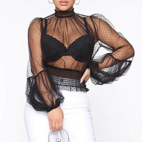 Summer women's new sexy perspective mesh polka dot pleated waist tied long sleeved shirt top for women