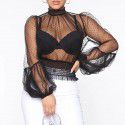 Summer women's new sexy perspective mesh polka dot pleated waist tied long sleeved shirt top for women