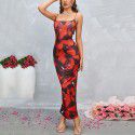 Sexy printed backless slit one step skirt with suspender dress