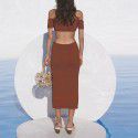 Popular women's clothing in autumn and winter, knitted neck hanging tie, waist exposed long skirt, slim fit knitted dress