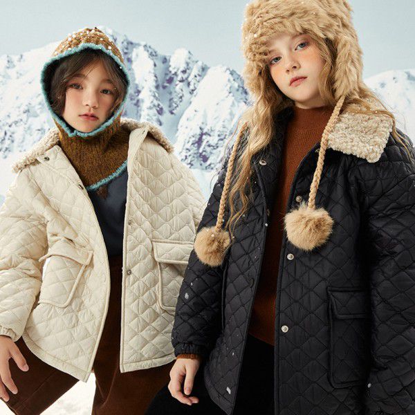 Autumn and Winter Small Fragrant Wind Cotton Clothes Big Children's Lamb Wool Collar Coat Children's Western Style Thin Style Cotton Jacket