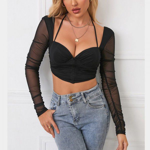 Summer Sexy Mesh Perspective Square Neck Exposed Navel Fold Short Top for Women