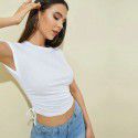 Women's summer slim fit solid color split short sleeved round neck pullover white design temperament commuting t-shirt