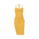 Sexy pleated backless hollow mesh wrap buttocks hanging neck suspender dress for women