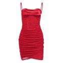 Women's mesh and satin patchwork fishbone and diamond pleated suspender dress for women
