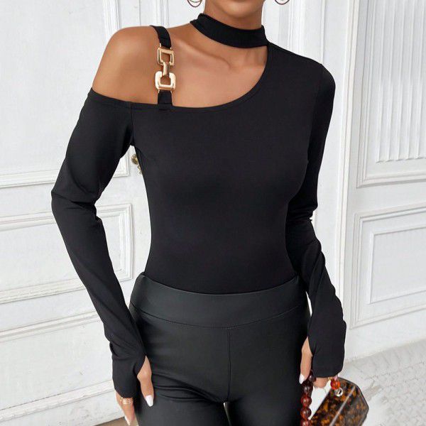 Women's sexy neck hanging off shoulder long sleeved knitted autumn and winter slim fit and slimming bottom top