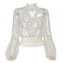 Summer women's new sexy perspective mesh polka dot pleated waist tied long sleeved shirt top for women