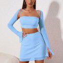 Fashion Set Skirt Sexy Mesh Hanging Neck Zipper Top Wrap Hip Skirt Set Two Pieces
