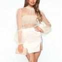 Summer women's new sexy perspective mesh polka dot pleated waist tied long sleeved shirt top for women