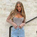 Women's sexy spicy girl low neck T-shirt with perspective splicing solid color irregular long sleeved top
