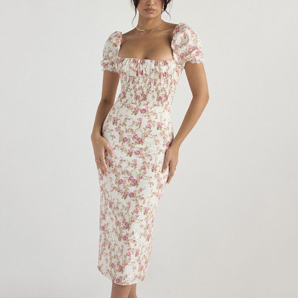 Women's French dress printed summer square neck tea break skirt floral skirt