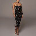 Autumn and Winter Women's Sexy Print Off the Shoulder Split Folded Mid length Dress Dress Autumn