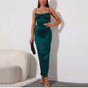 Women's dress sexy pile up collar satin fishbone pleated suspender long skirt
