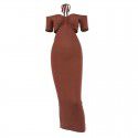 Popular women's clothing in autumn and winter, knitted neck hanging tie, waist exposed long skirt, slim fit knitted dress