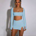 Women's autumn and winter fashion set, square neck tie up exposed navel top, buttocks wrapped short skirt, two-piece set