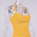 Sexy pleated backless hollow mesh wrap buttocks hanging neck suspender dress for women
