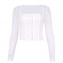 Autumn and Winter Women's Square Neck Mesh Perspective Buckle Short Long sleeved T-shirt Top for Women