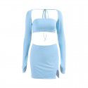 Women's autumn and winter fashion set, square neck tie up exposed navel top, buttocks wrapped short skirt, two-piece set