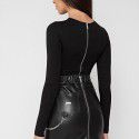 Women's new solid color patchwork mesh sexy slim fit long sleeved short T-shirt