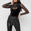 Women's new solid color patchwork mesh sexy slim fit long sleeved short T-shirt