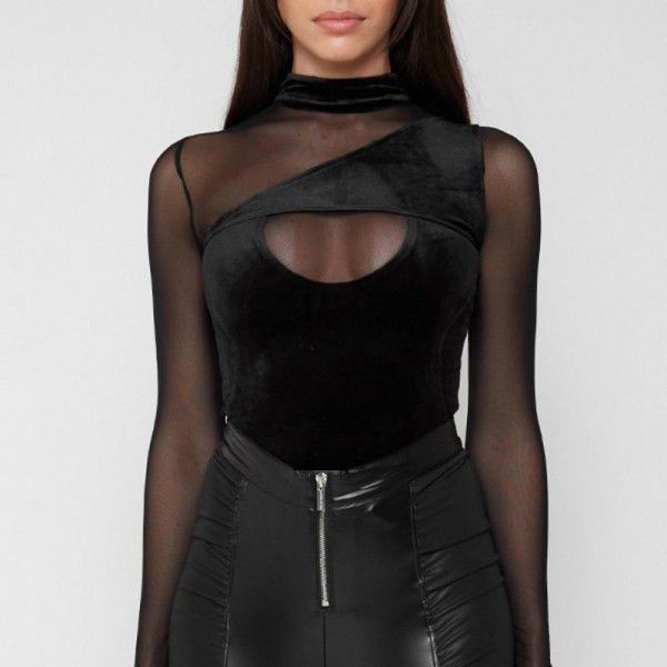 Women's new solid color patchwork mesh sexy slim fit long sleeved short T-shirt