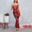 Sexy printed backless slit one step skirt with suspender dress