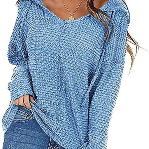 Spring Fashion Women's Foreign Trade Solid Color Hooded Long sleeved T-shirt Elegant Drawstring V-neck Top