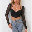 Summer Sexy Mesh Perspective Square Neck Exposed Navel Fold Short Top for Women