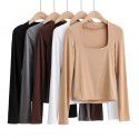 Autumn Sexy Low Chest Square Neck Solid Long Sleeve T-shirt Women's Slim Fit Slim Underlay Top 