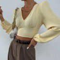 Women's sexy backless top with tied V-neck long sleeved versatile short shirt 