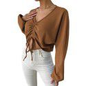 Women's loose casual V-neck drawstring waffle long sleeved T-shirt with exposed navel versatile top 