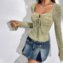 Women's heart-shaped collar flared sleeves hollowed out slim fit long sleeved t-shirt sexy top 