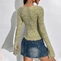 Women's heart-shaped collar flared sleeves hollowed out slim fit long sleeved t-shirt sexy top 