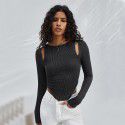 Women's irregular round neck knitted long sleeved T-shirt sexy and fashionable solid color top 