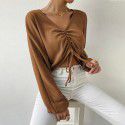 Women's loose casual V-neck drawstring waffle long sleeved T-shirt with exposed navel versatile top 