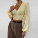 Women's sexy backless top with tied V-neck long sleeved versatile short shirt 