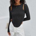Women's irregular round neck knitted long sleeved T-shirt sexy and fashionable solid color top 