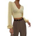 Women's sexy backless top with tied V-neck long sleeved versatile short shirt 