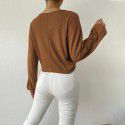 Women's loose casual V-neck drawstring waffle long sleeved T-shirt with exposed navel versatile top 